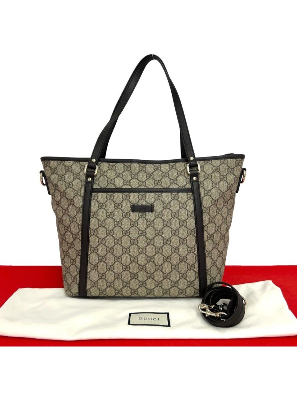 Gucci GG Supreme Logo Pattern Leather 2-Way Shoulder Bag Tote Brown